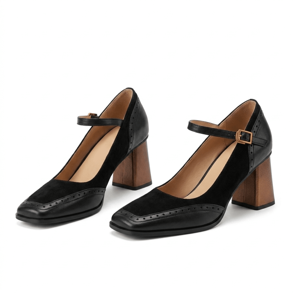 Classic and Elegant Women's Sandals, Square Toe, Block Heel and Vintage Design – Délinie Classic and Elegant Women's Sandals, Square Toe, Block Heel and Vintage Design – Délinie Black