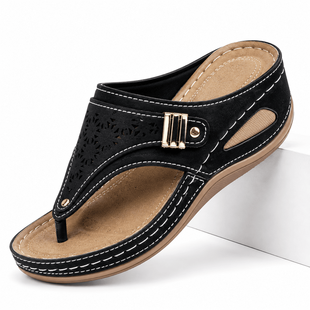 Comfortable Leather Platform Wedge Sandals - Sierenza Comfortable Leather Platform Wedge Sandals - Sierenza Black