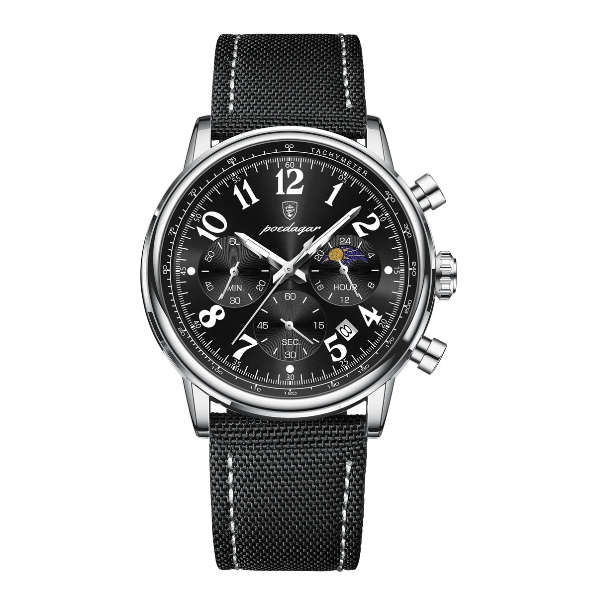 Elegant Multifunction Men's Watch in Nylon with Leather Finish - Meridian Elegant Multifunction Men's Watch in Nylon with Leather Finish - Meridian Silver Black