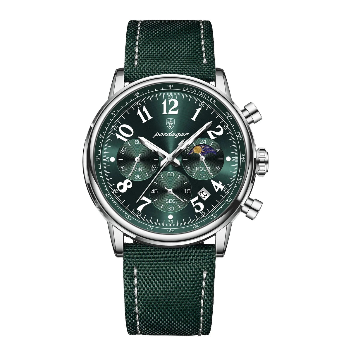 Elegant Multifunction Men's Watch in Nylon with Leather Finish - Meridian Elegant Multifunction Men's Watch in Nylon with Leather Finish - Meridian Silver Green