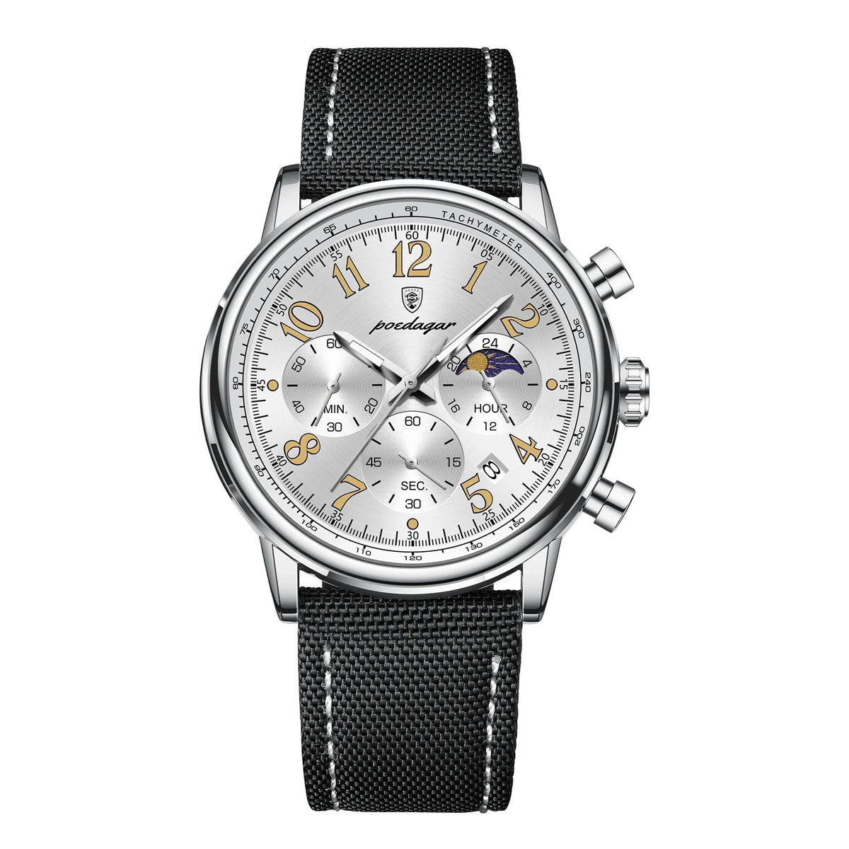 Elegant Multifunction Men's Watch in Nylon with Leather Finish - Meridian Elegant Multifunction Men's Watch in Nylon with Leather Finish - Meridian Silver White