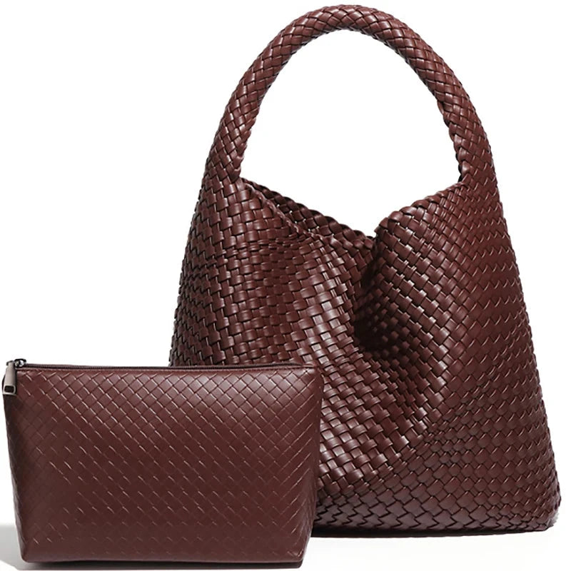 Large Capacity Elegant Women's Woven Leather Tote Bag - Ophelia Large Capacity Elegant Women's Woven Leather Tote Bag - Ophelia Coffee