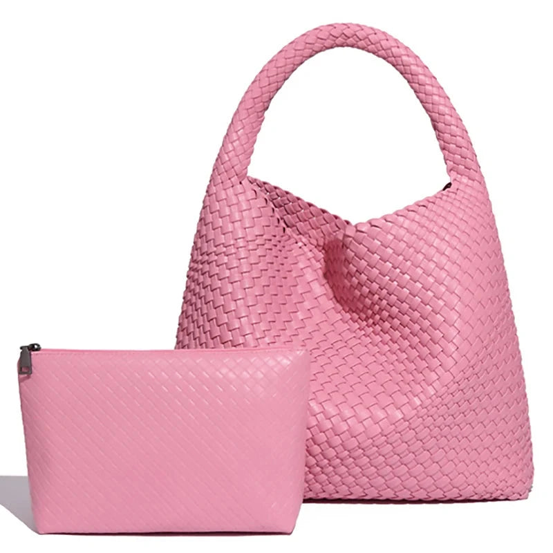 Large Capacity Elegant Women's Woven Leather Tote Bag - Ophelia Large Capacity Elegant Women's Woven Leather Tote Bag - Ophelia Pink