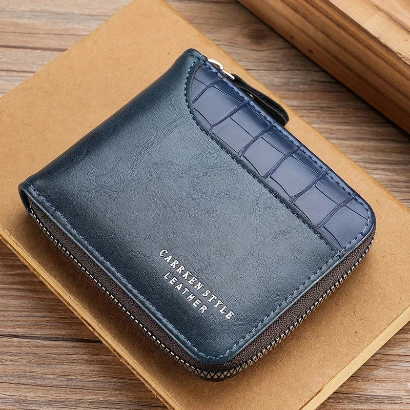 New Short Men Zipper Wallet Luxury Coin Pocket Retro Male Patchwork Purse Quality ID Card Holder Stone Pattern Wallet For Men Mavietto Store blue