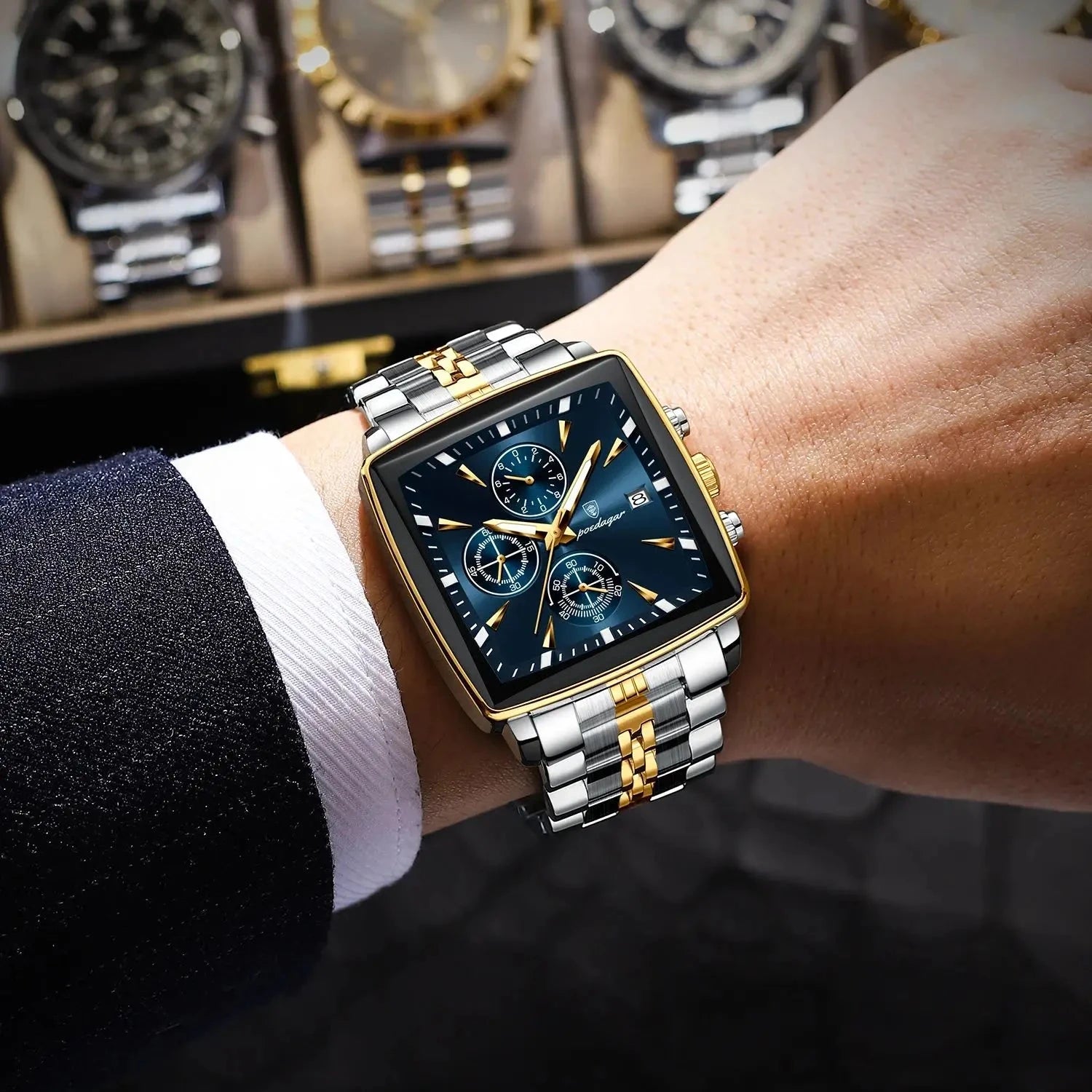 POEDAGAR Fashion Men Watch Luminous Waterproof Chronograph Date Man Wristwatch Square Stainless Steel Quartz Men's Watches Reloj Mavietto Store