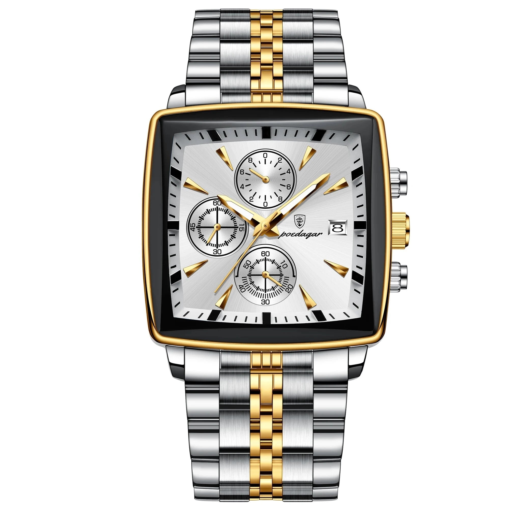 POEDAGAR Fashion Men Watch Luminous Waterproof Chronograph Date Man Wristwatch Square Stainless Steel Quartz Men's Watches Reloj Mavietto Store 866 Gold White