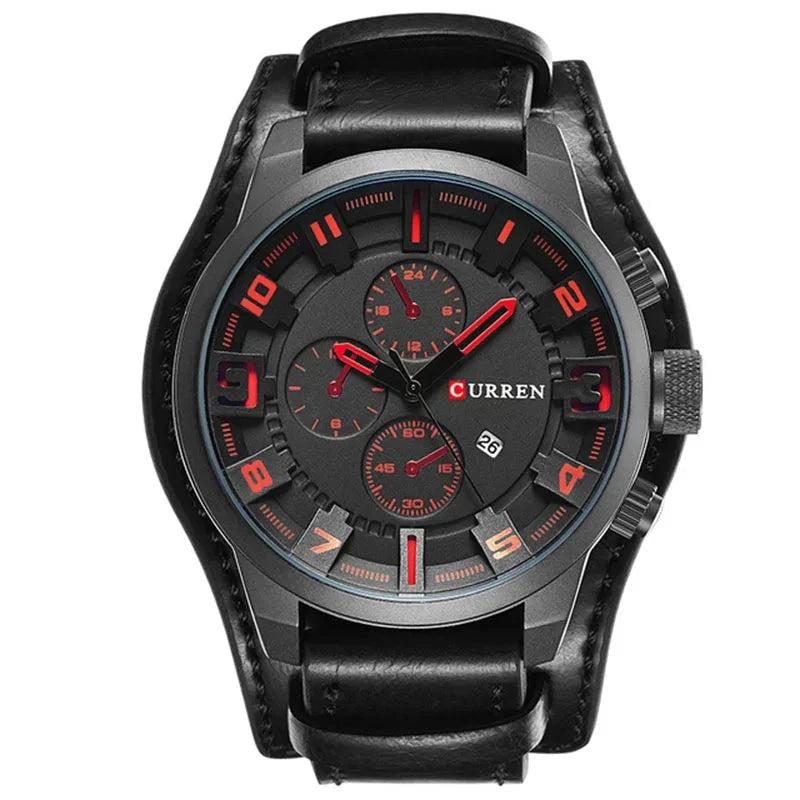 Rustic and Multifunction Men's Leather Watch - Vantgard Nortis Rustic and Multifunction Men's Leather Watch - Vantgard Nortis Black Red