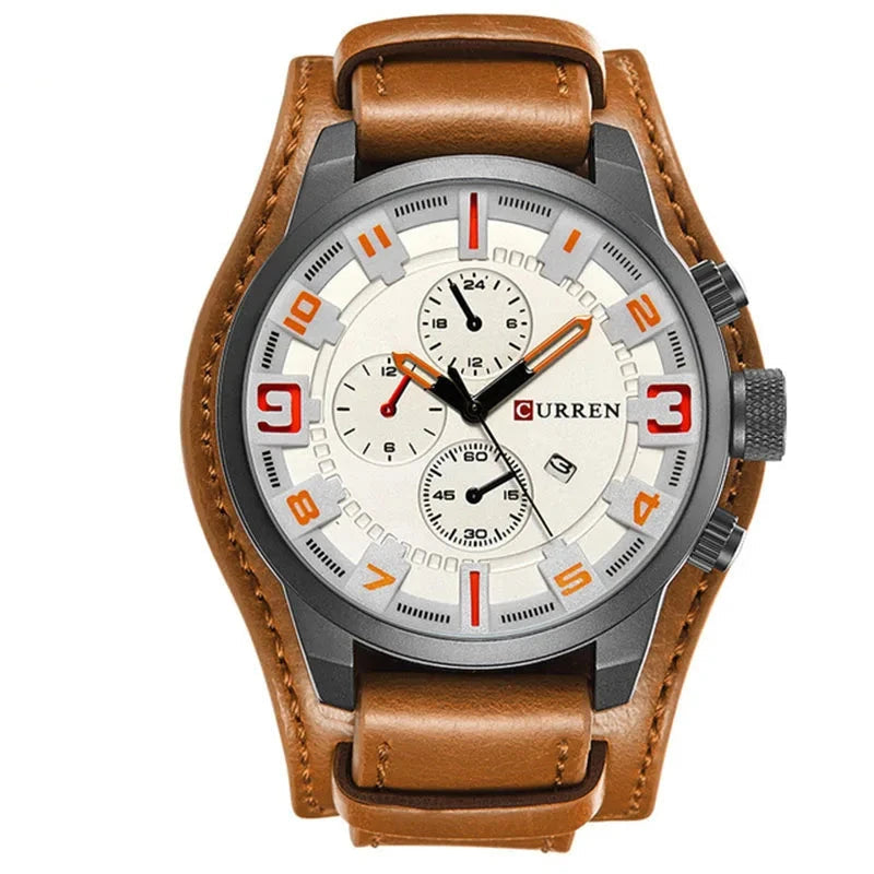 Rustic and Multifunction Men's Leather Watch - Vantgard Nortis Rustic and Multifunction Men's Leather Watch - Vantgard Nortis Brown White