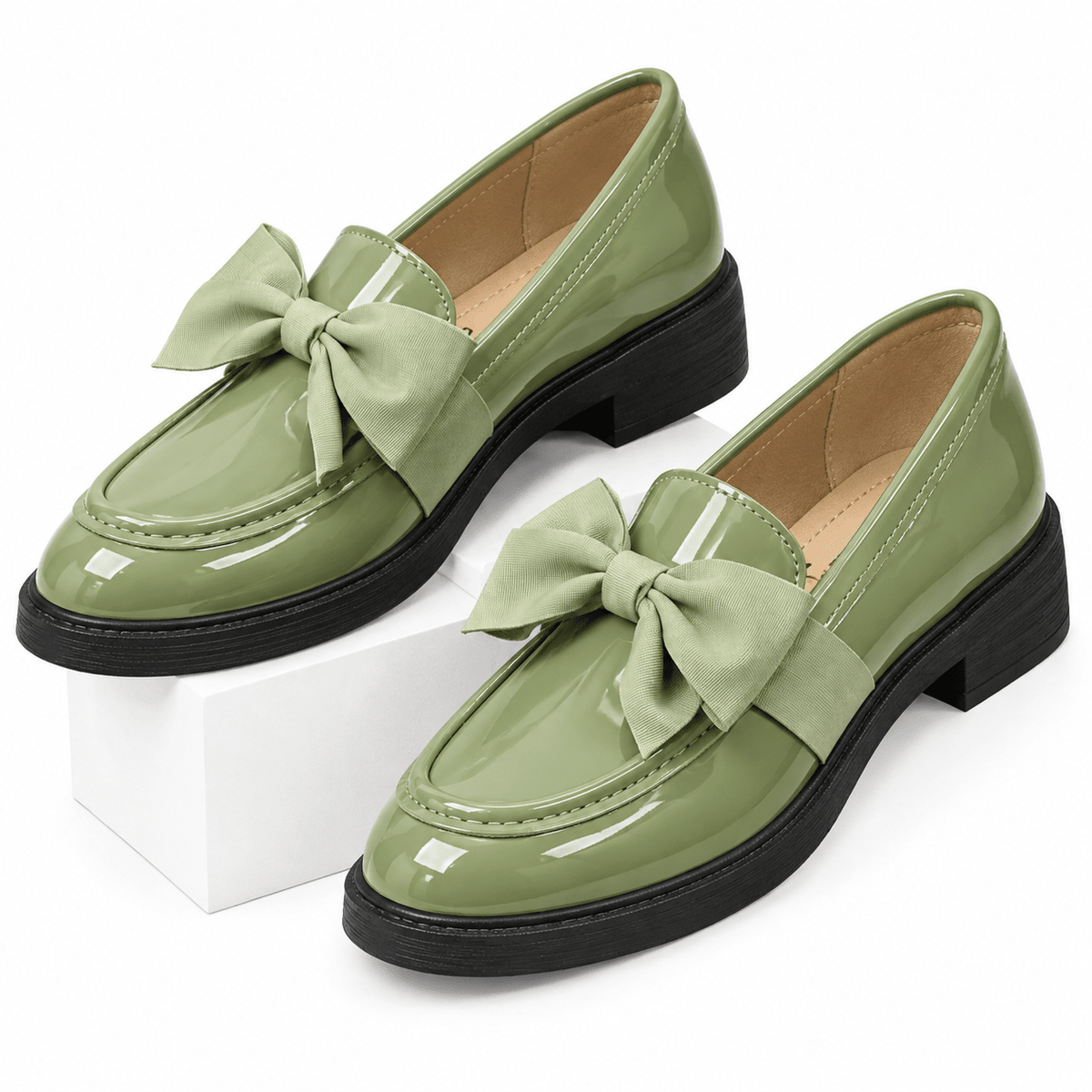 Women's Casual Leather Loafers, Comfortable, Charming, with a Retro Bow – MELINIE Women's Casual Leather Loafers, Comfortable, Charming, with a Retro Bow – MELINIE Green