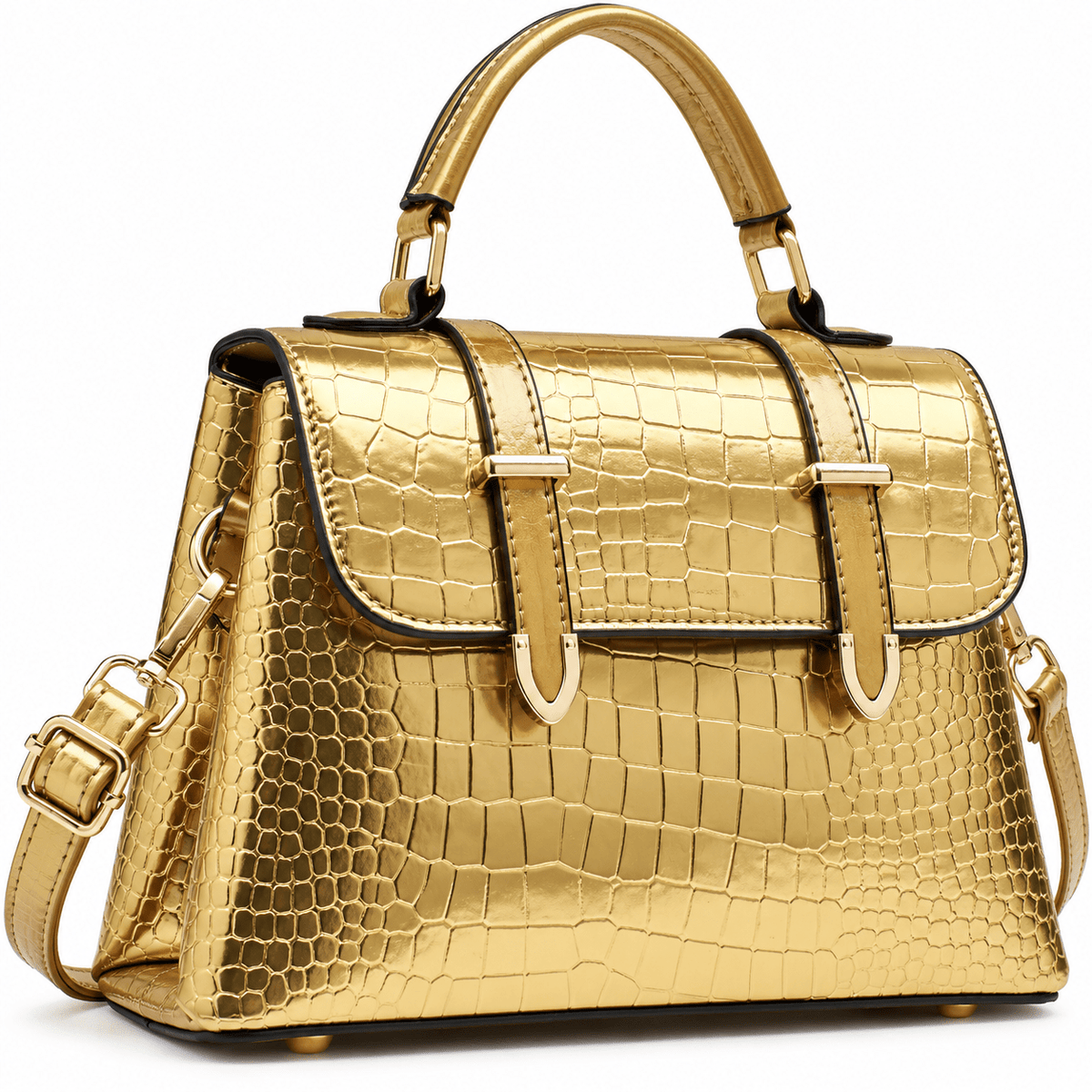 Women's Elegant Crocodile-Textured Leather Handbag with Vintage Design – Josephine Women's Elegant Crocodile-Textured Leather Handbag with Vintage Design – Josephine Metallic Gold