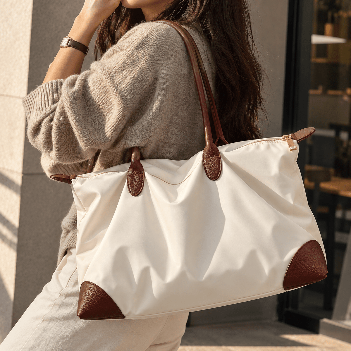 Women's Large-Capacity Waterproof Tote Bag with Leather Trim – VERONNE Women's Large-Capacity Waterproof Tote Bag with Leather Trim – VERONNE