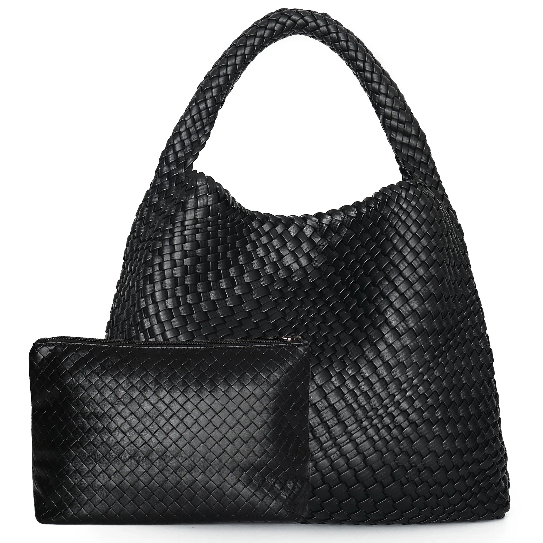 Woven Tote Bag for Women Large Woven Handbag Soft Leather Shoulder Bag Work Shopper Summer Beach Travel Tote Bag with Purse Mavietto Store Black