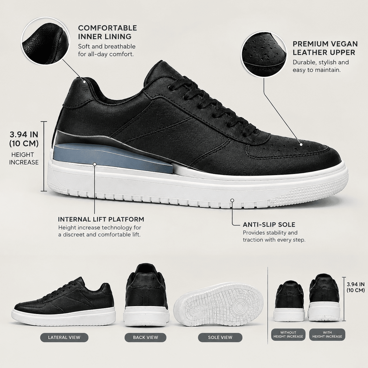 Comfortable Men’s Leather Sneakers with a Hidden 3.94-Inch (10 cm) Height Increase – MONTEVAN 