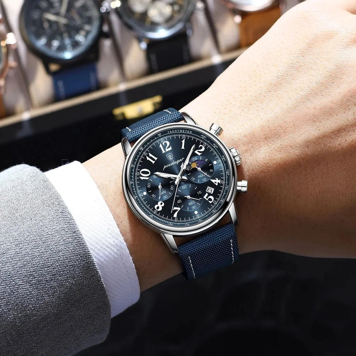 Elegant Multifunction Men's Watch in Nylon with Leather Finish - Meridian Elegant Multifunction Men's Watch in Nylon with Leather Finish - Meridian 