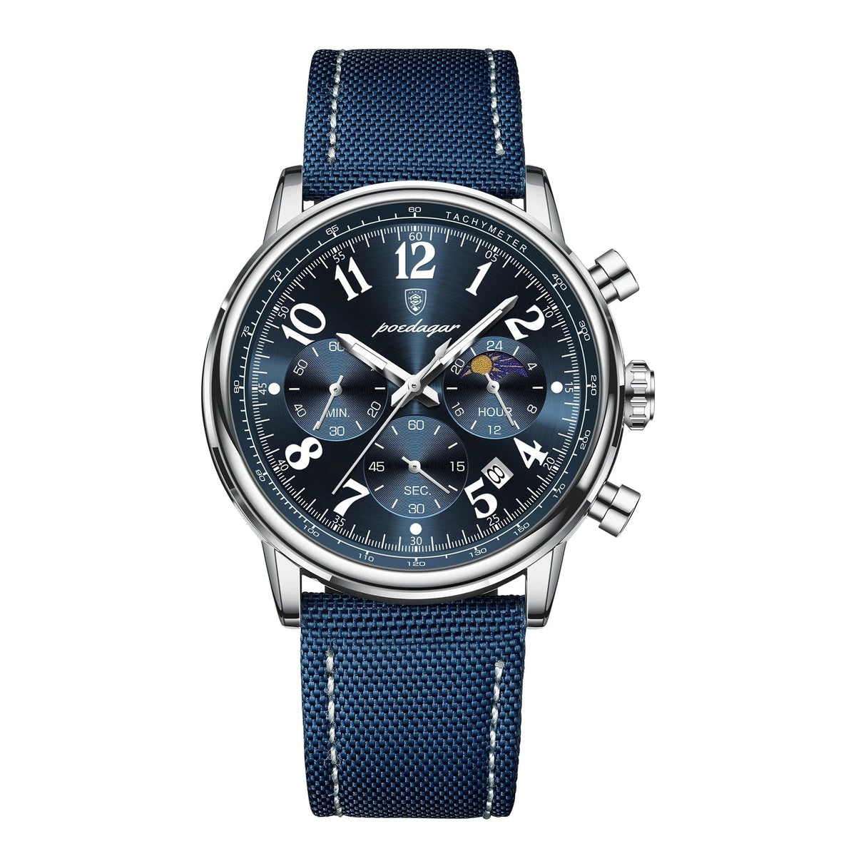 Elegant Multifunction Men's Watch in Nylon with Leather Finish - Meridian Elegant Multifunction Men's Watch in Nylon with Leather Finish - Meridian Silver Blue