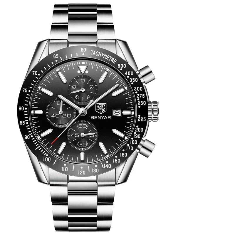 Elegant Multifunction Men's Watch with Silicone or Stainless Steel Strap - Aurum Chrono Elegant Multifunction Men's Watch with Silicone or Stainless Steel Strap - Aurum Chrono Steel Black Silver