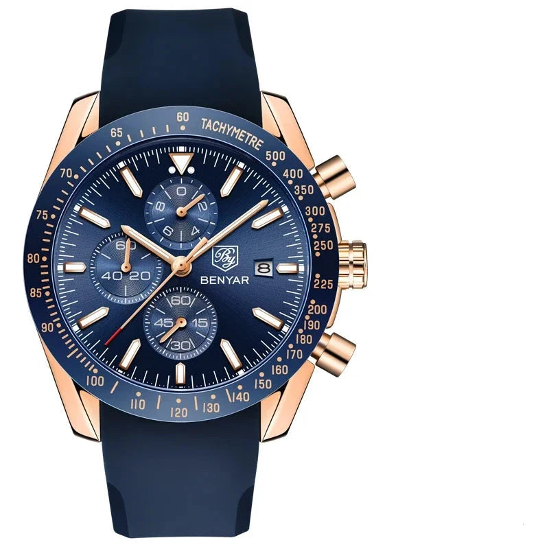 Elegant Multifunction Men's Watch with Silicone or Stainless Steel Strap - Aurum Chrono Elegant Multifunction Men's Watch with Silicone or Stainless Steel Strap - Aurum Chrono Gold Blue Silicone Strap