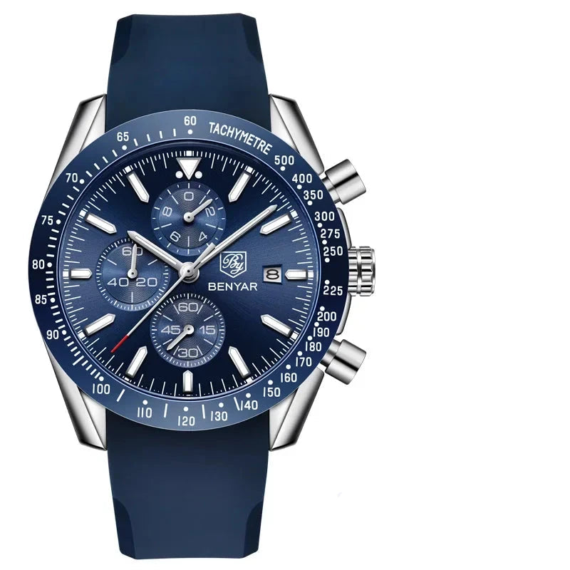Elegant Multifunction Men's Watch with Silicone or Stainless Steel Strap - Aurum Chrono Elegant Multifunction Men's Watch with Silicone or Stainless Steel Strap - Aurum Chrono Navy Blue Silicone Strap
