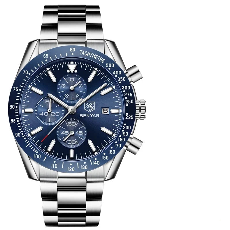 Elegant Multifunction Men's Watch with Silicone or Stainless Steel Strap - Aurum Chrono Elegant Multifunction Men's Watch with Silicone or Stainless Steel Strap - Aurum Chrono Steel Blue Silver