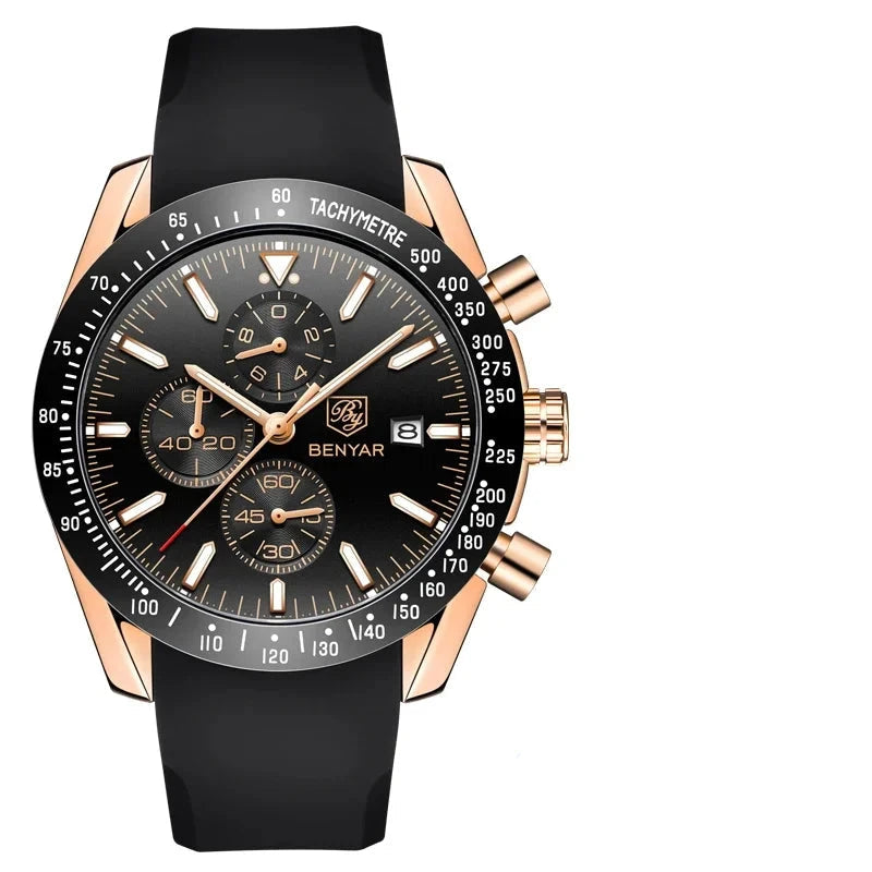 Elegant Multifunction Men's Watch with Silicone or Stainless Steel Strap - Aurum Chrono Elegant Multifunction Men's Watch with Silicone or Stainless Steel Strap - Aurum Chrono Gold Black Silicone Strap