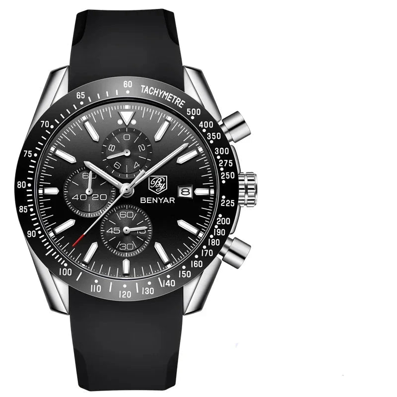Elegant Multifunction Men's Watch with Silicone or Stainless Steel Strap - Aurum Chrono Elegant Multifunction Men's Watch with Silicone or Stainless Steel Strap - Aurum Chrono Black Silicone Strap
