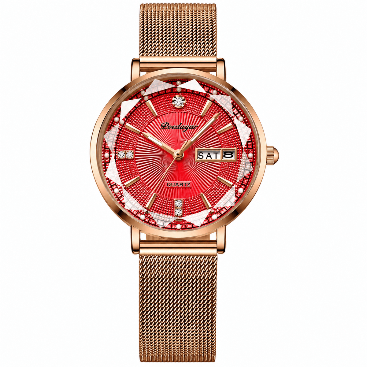 Elegant Women's Watch with Stainless Steel Band and Luxurious Design – Belle Sophia Elegant Women's Watch with Stainless Steel Band and Luxurious Design – Belle Sophia Gold Red Elegance