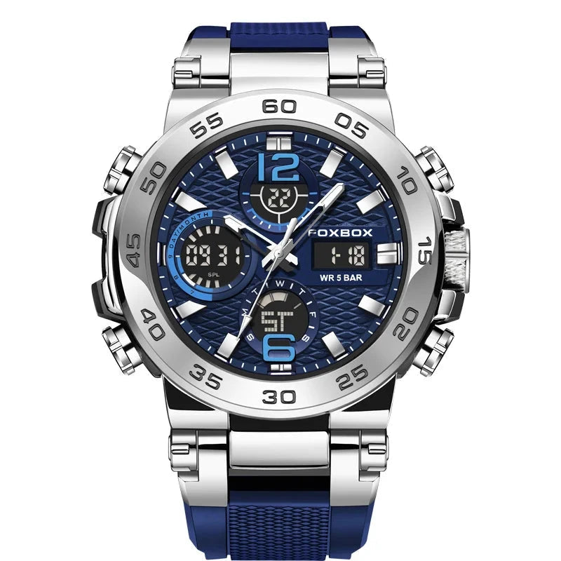 FOXBOX Sports Mens Watches 5ATM Waterproof Dual Display Quartz Wristwatch Chronograph Alarm Date Week Watch Man Silicone Strap Mavietto Store 