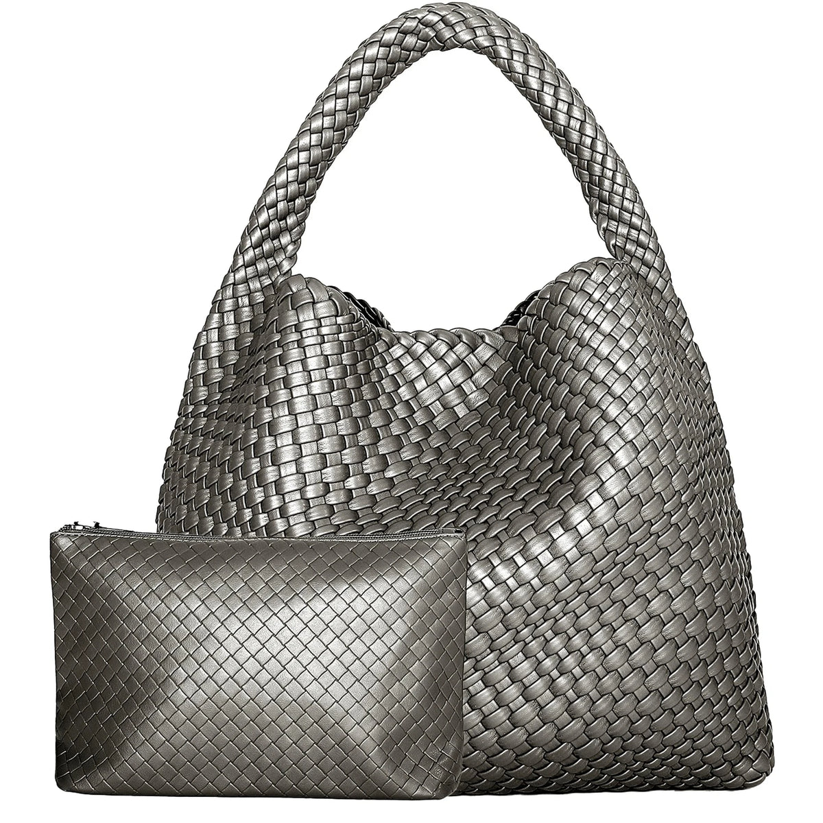 Large Capacity Elegant Women's Woven Leather Tote Bag - Ophelia Large Capacity Elegant Women's Woven Leather Tote Bag - Ophelia Silver