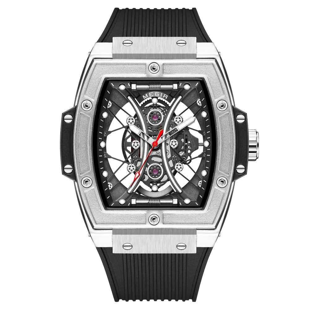 MEGIR Blue Fashion Sport Quartz Analog Watch for Men Tonneau Dial Waterproof Wristwatch with Silicone Strap Luminous Hands Date Mavietto black 