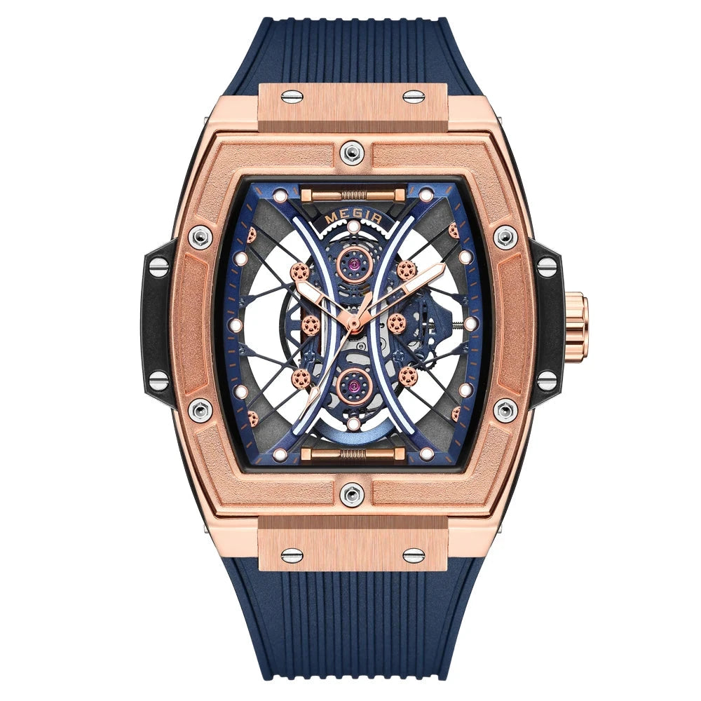 MEGIR Blue Fashion Sport Quartz Analog Watch for Men Tonneau Dial Waterproof Wristwatch with Silicone Strap Luminous Hands Date Mavietto Blue 