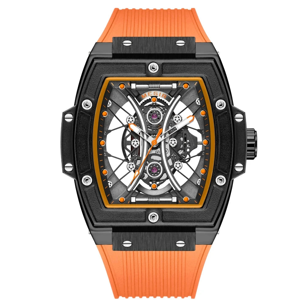 MEGIR Blue Fashion Sport Quartz Analog Watch for Men Tonneau Dial Waterproof Wristwatch with Silicone Strap Luminous Hands Date Mavietto orange 