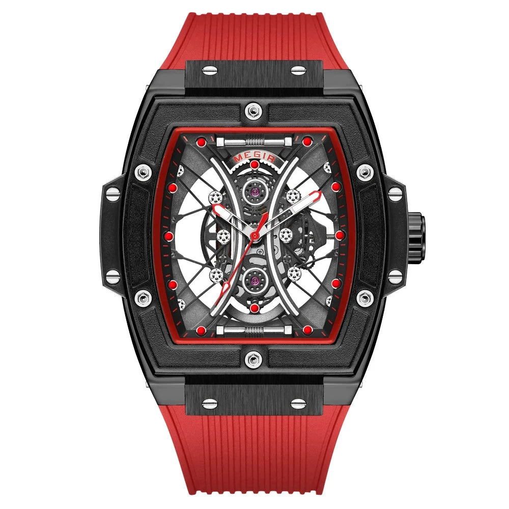 MEGIR Blue Fashion Sport Quartz Analog Watch for Men Tonneau Dial Waterproof Wristwatch with Silicone Strap Luminous Hands Date Mavietto Red 
