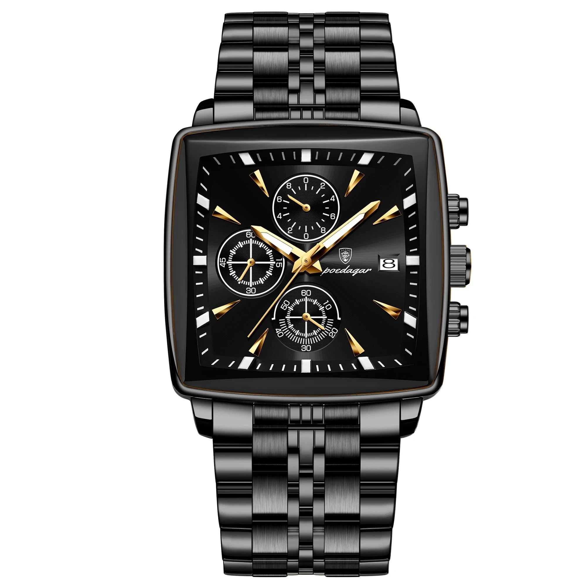 POEDAGAR Fashion Men Watch Luminous Waterproof Chronograph Date Man Wristwatch Square Stainless Steel Quartz Men's Watches Reloj Mavietto Store 866 Black Black 
