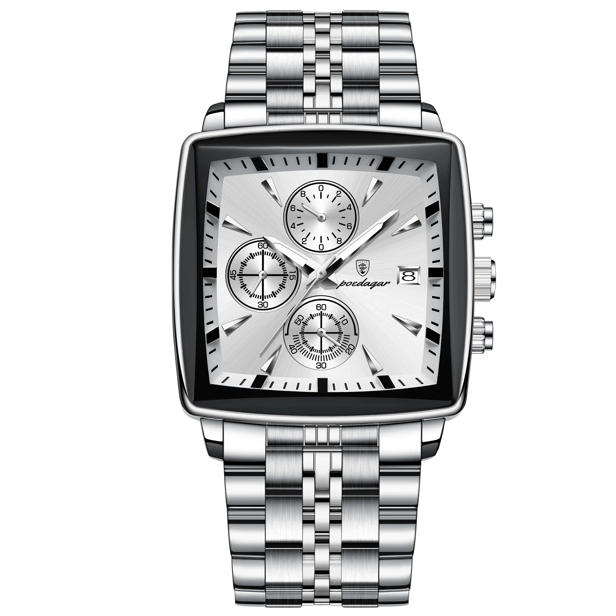 POEDAGAR Fashion Men Watch Luminous Waterproof Chronograph Date Man Wristwatch Square Stainless Steel Quartz Men's Watches Reloj Mavietto Store 866 Silver White 