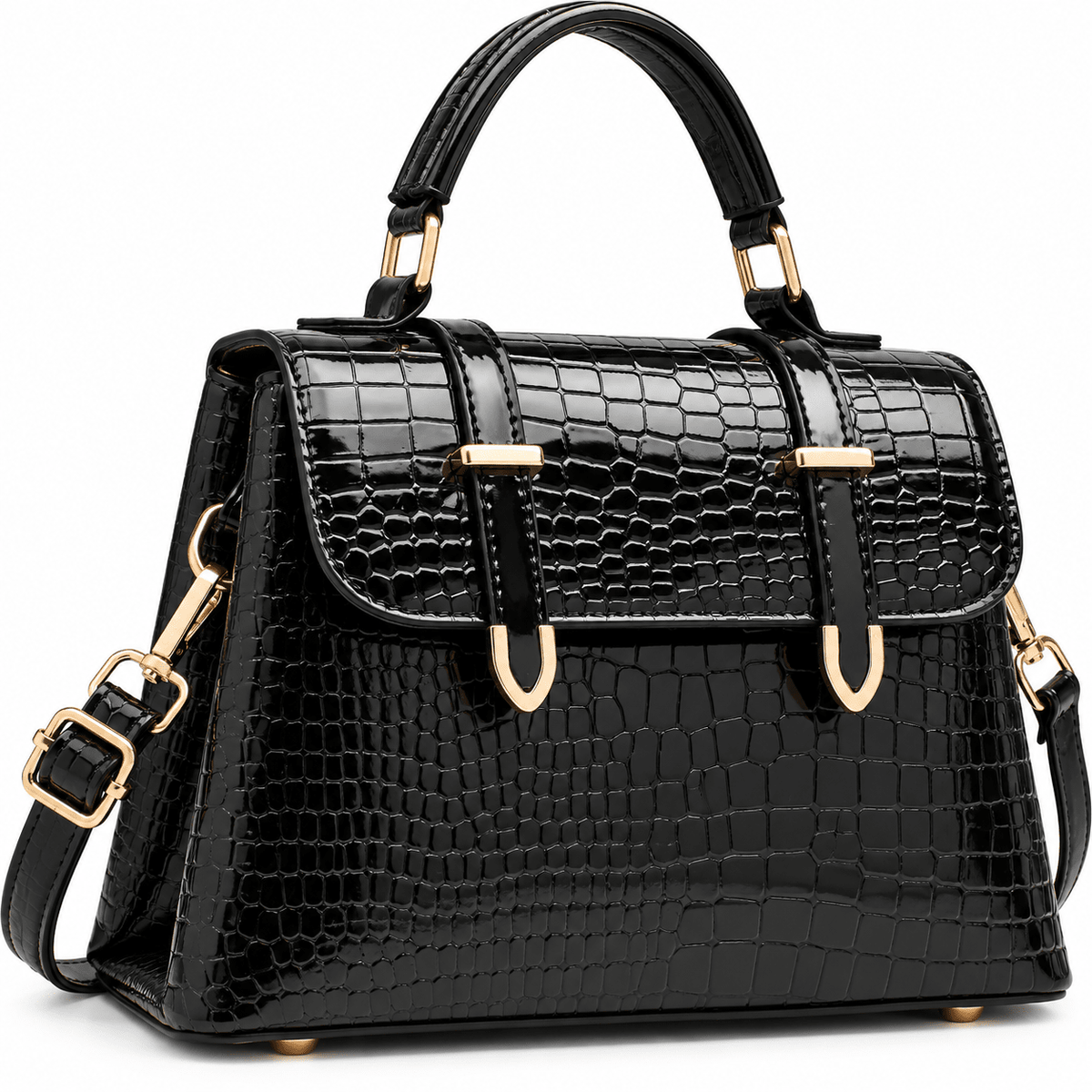 Women's Elegant Crocodile-Textured Leather Handbag with Vintage Design – Josephine Women's Elegant Crocodile-Textured Leather Handbag with Vintage Design – Josephine Black