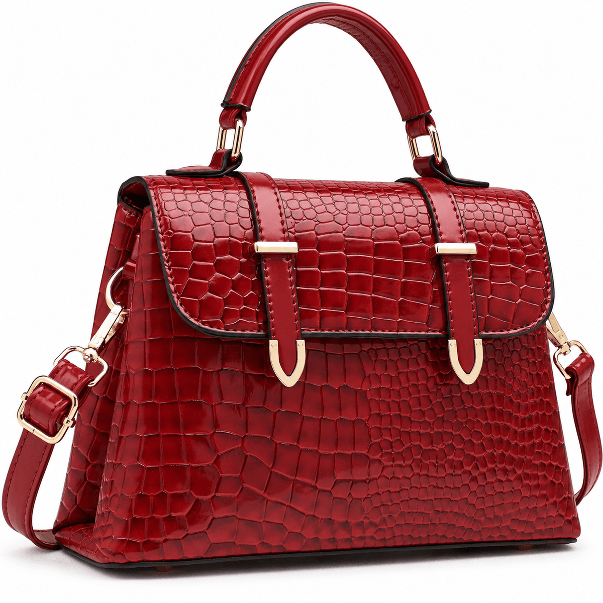 Women's Elegant Crocodile-Textured Leather Handbag with Vintage Design – Josephine Women's Elegant Crocodile-Textured Leather Handbag with Vintage Design – Josephine Red