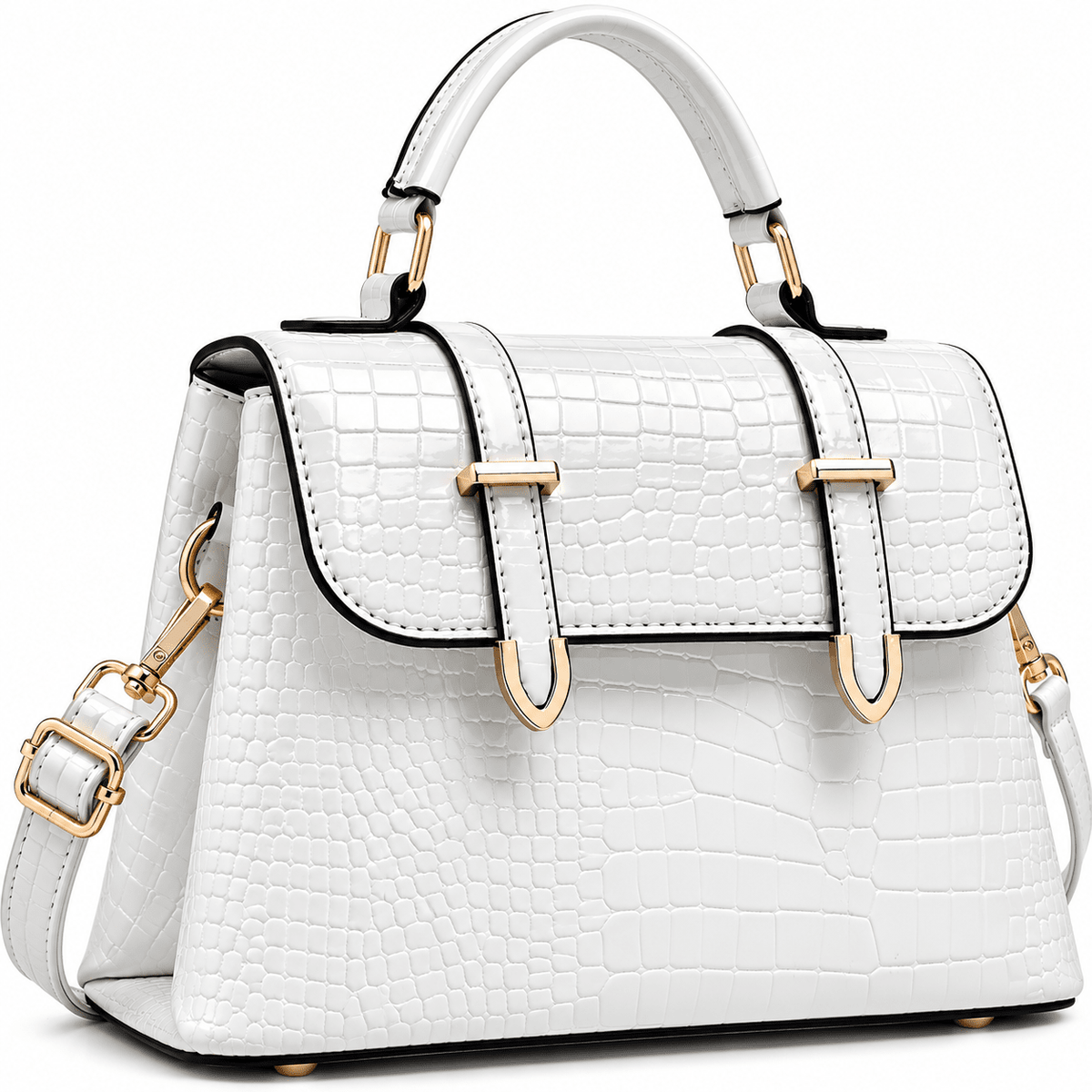 Women's Elegant Crocodile-Textured Leather Handbag with Vintage Design – Josephine Women's Elegant Crocodile-Textured Leather Handbag with Vintage Design – Josephine White
