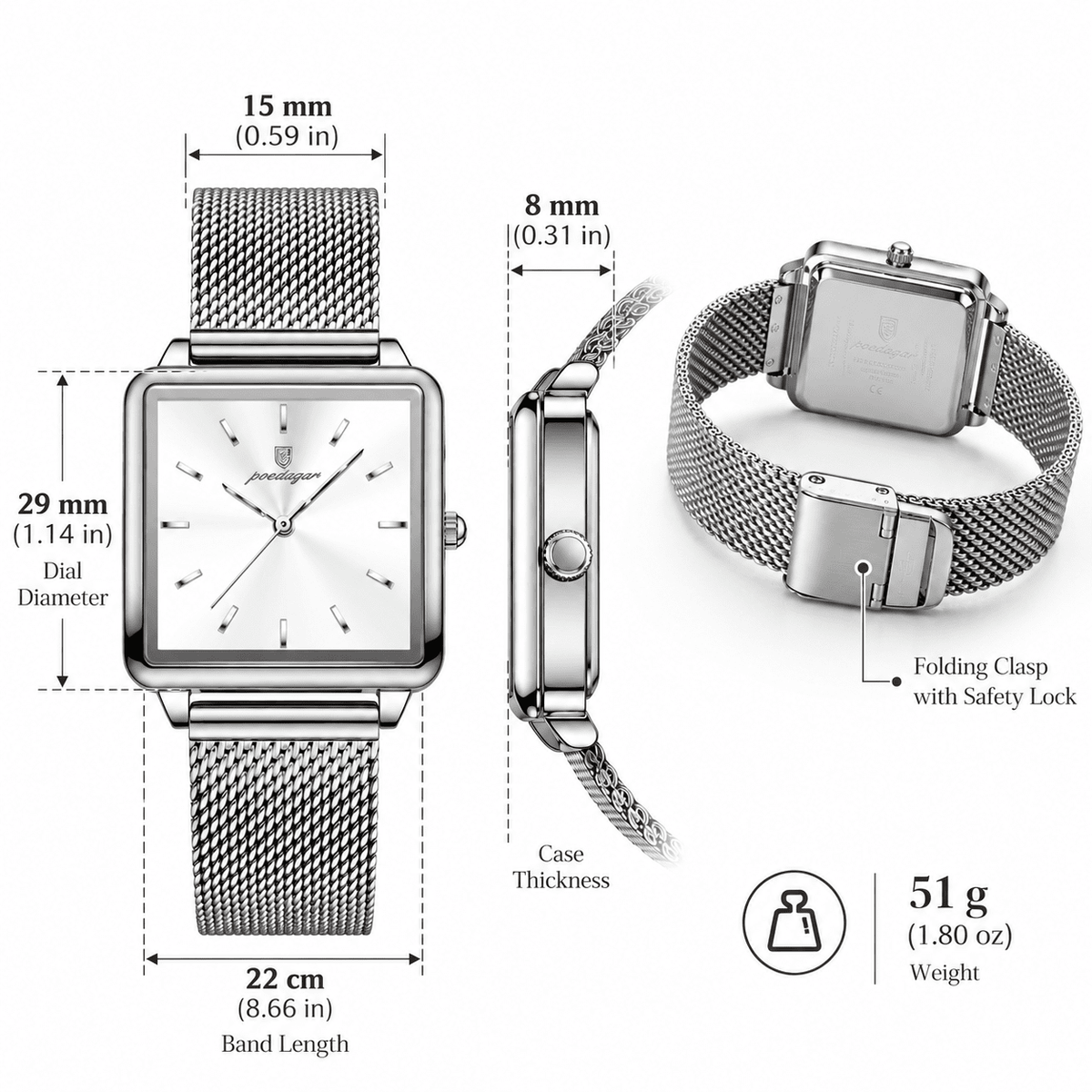 Women's Elegant Waterproof Watch with Square Dial and Stainless Steel Band | Léa Prestige Women's Elegant Waterproof Watch with Square Dial and Stainless Steel Band | Léa Prestige 