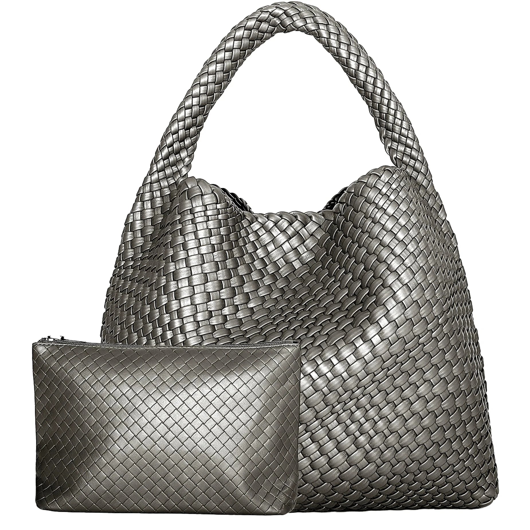 Woven Tote Bag for Women Large Woven Handbag Soft Leather Shoulder Bag Work Shopper Summer Beach Travel Tote Bag with Purse Mavietto Store Silver 