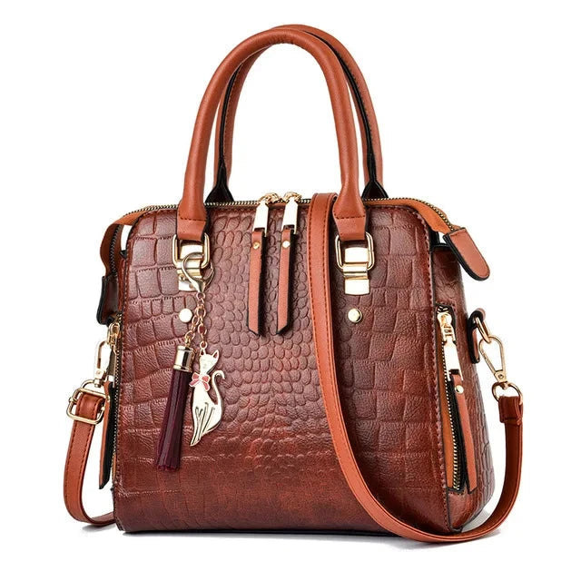 Yogodlns Luxury Crocodile Pattern Handbag Women Winter New PU Leather Tassel Shoulder Bag Brands Design Handle Bag Lady Purse Mavietto brown 24x14x23cm 