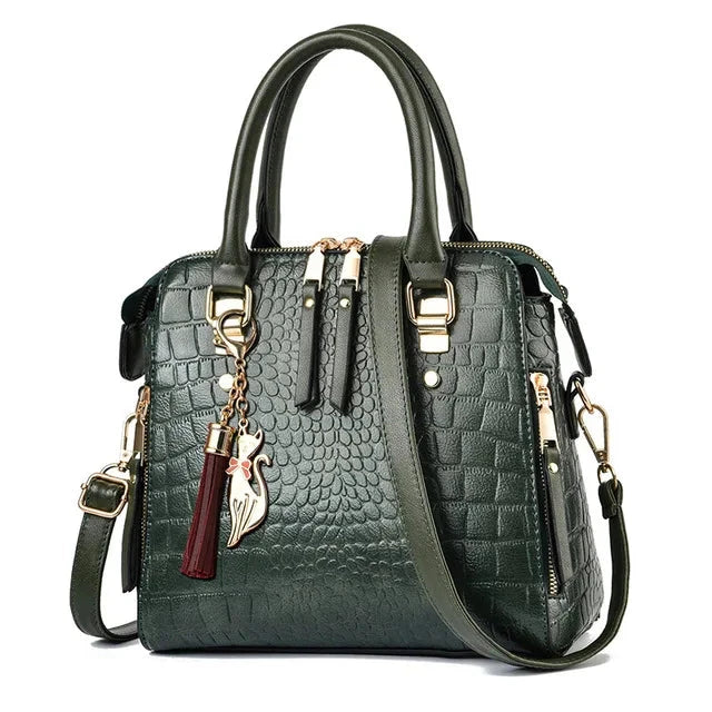 Yogodlns Luxury Crocodile Pattern Handbag Women Winter New PU Leather Tassel Shoulder Bag Brands Design Handle Bag Lady Purse Mavietto green 24x14x23cm 
